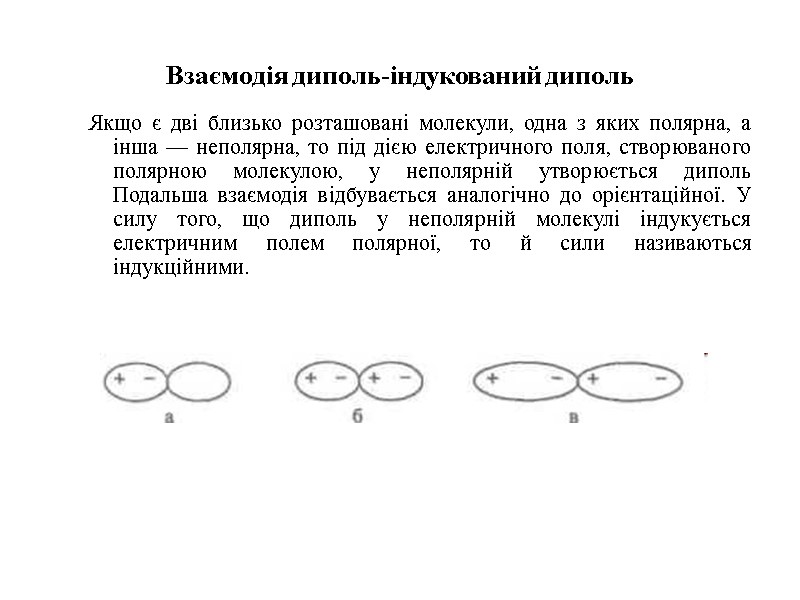 Взаємодія диполь-індукований диполь Якщо є дві близько розташовані молекули, одна з яких полярна, а